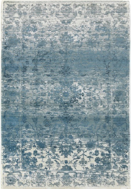 Blue distressed patterned area rug with light border | Raffia 7444 Sky Modern Polypropylene Area Rug - Rugs Point Australia