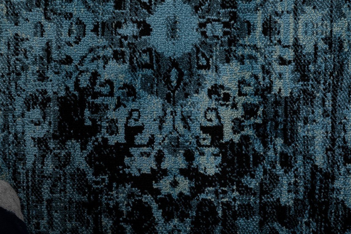 Raffia floor rug close-up with dark blue mottled texture and abstract motifs | Raffia Floor Rug 7444 Ink Modern Abstract Living Room Rug - Rugs Point Australia