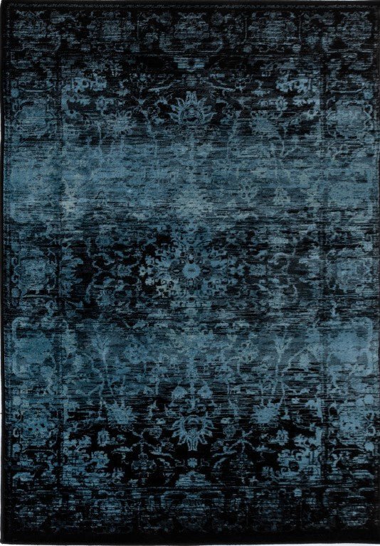 Raffia floor rug in dark blue with abstract distressed pattern and thin border | Raffia Floor Rug 7444 Ink Modern Abstract Living Room Rug - Rugs Point Australia