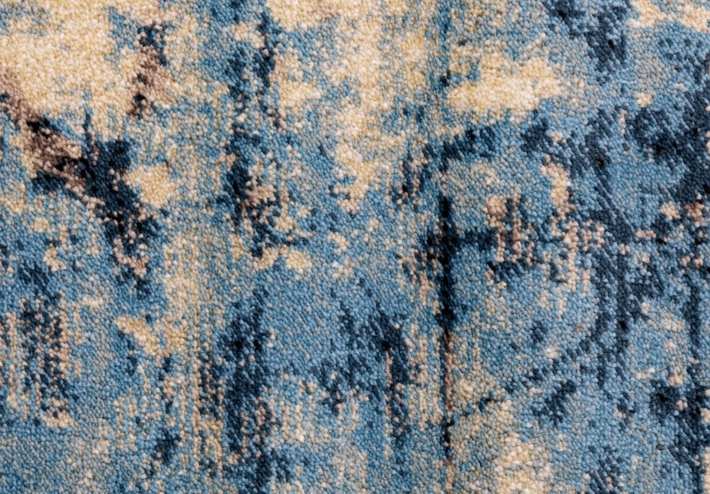 Close-up of blue and cream distressed rug texture with speckled pattern | Raffia Mat 1440 Sky Modern Abstract Living Room Rug - Rugs Point Australia