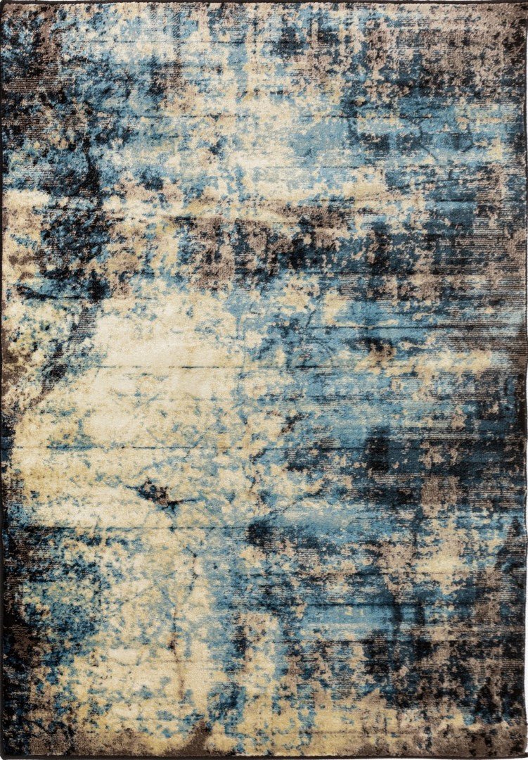 Rectangular rug with blue, cream, and dark navy abstract distressed pattern | Raffia Mat 1440 Sky Modern Abstract Living Room Rug - Rugs Point Australia