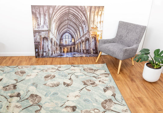 Sea blue area rug with beige and brown leaf pattern, flatwoven texture | Raffia Medium Rug 5507 Sea Textured Woven Floor Rug - Rugs Point Australia