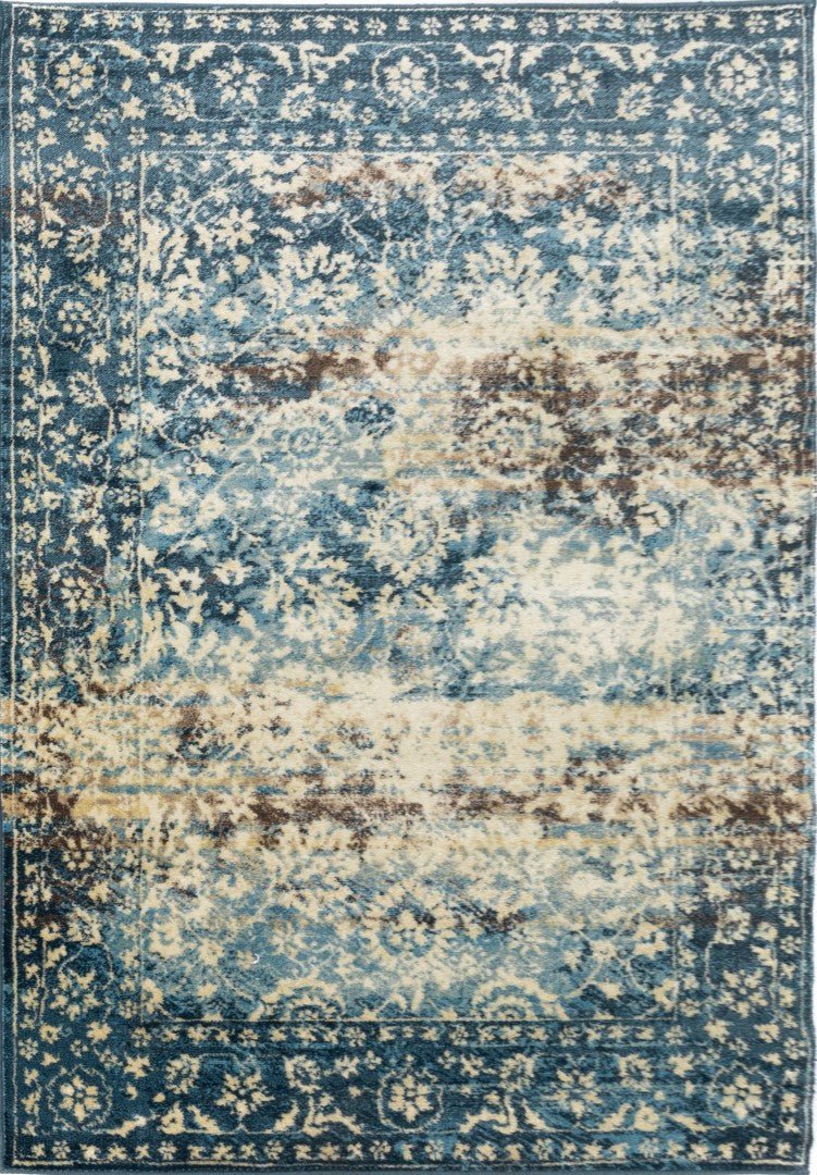 Sky blue floral and medallion raffia rug with ornate border, full view | Raffia Rug 0444 Sky Textured Woven Floor Rug - Rugs Point Australia
