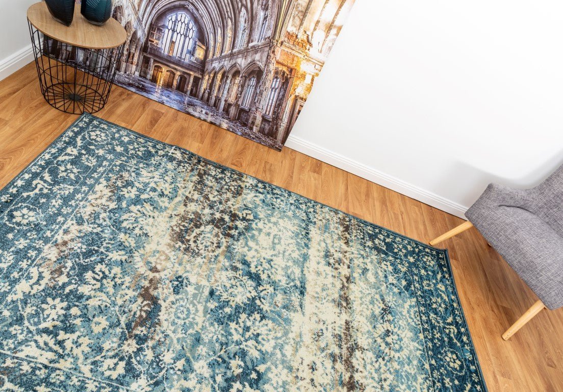 Sky blue floral patterned raffia rug with distressed medallion motifs | Raffia Rug 0444 Sky Textured Woven Floor Rug - Rugs Point Australia