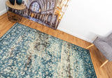 Sky blue floral patterned raffia rug with distressed medallion motifs | Raffia Rug 0444 Sky Textured Woven Floor Rug - Rugs Point Australia