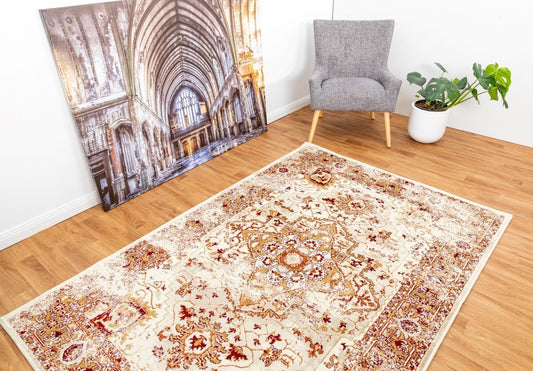Raffia-look area rug with ornate cream, tan, and terracotta center medallion design | Raffia Rug 1802 Terra Modern Polypropylene Area Rug - Rugs Point Australia