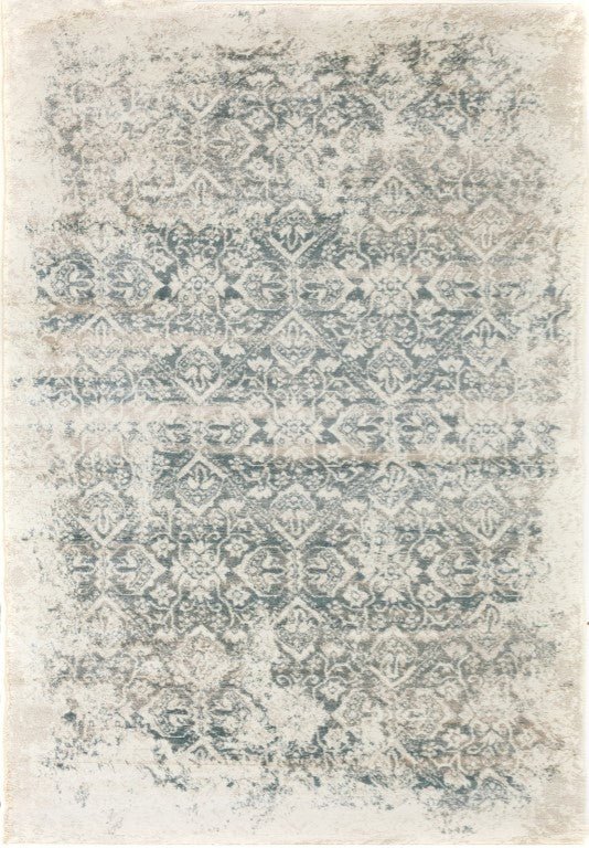 Raffia rug in Frost with distressed teal and cream damask pattern | Raffia rug 1804 Frost Vintage Traditional Floor Rug - Rugs Point Australia