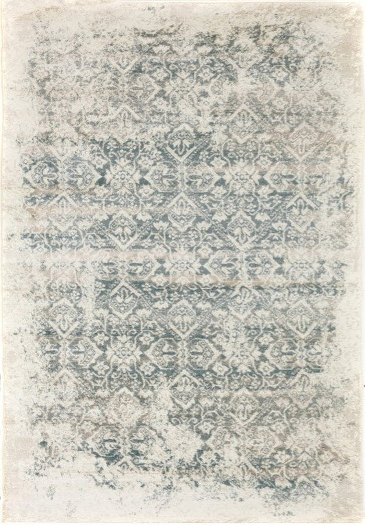 Raffia rug in Frost with distressed teal and cream damask pattern | Raffia rug 1804 Frost Vintage Traditional Floor Rug - Rugs Point Australia