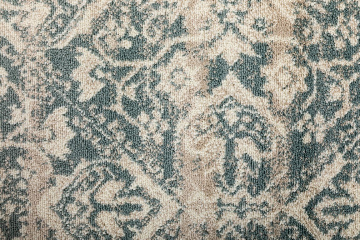 Raffia rug close-up with teal and cream geometric damask motif | Raffia rug 1804 Frost Vintage Traditional Floor Rug - Rugs Point Australia