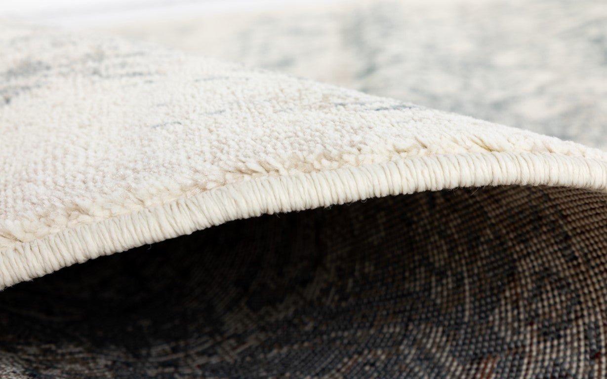 Raffia rug thickness and bound edge with dark backing visible | Raffia rug 1804 Frost Vintage Traditional Floor Rug - Rugs Point Australia