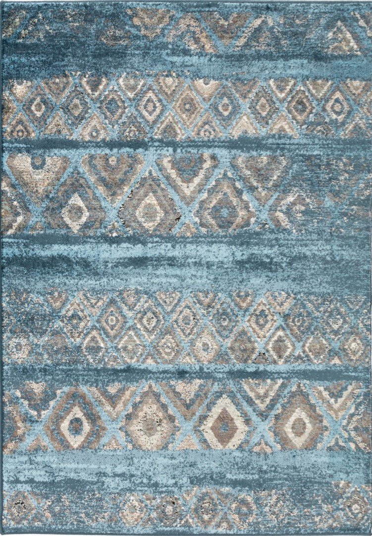Blue raffia-style area rug with geometric diamond patterns in beige and navy | Raffia Rug 2367 Blue colour Modern Abstract Floor Rug - Rugs Point Australia