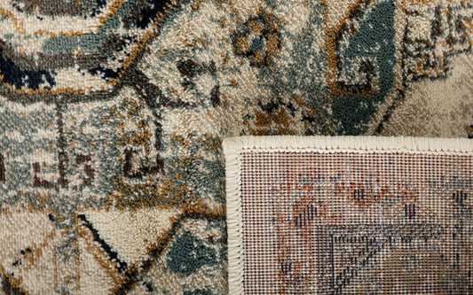 Corner detail of an ice-toned textured rug with geometric motifs and patterned border | Raffia rug Mat 1336 Ice Modern Abstract Living Room Rug - Rugs Point Australia