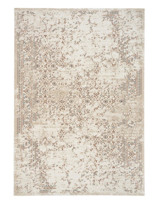 Beige patterned area rug flat lay with vintage medallion and corner details