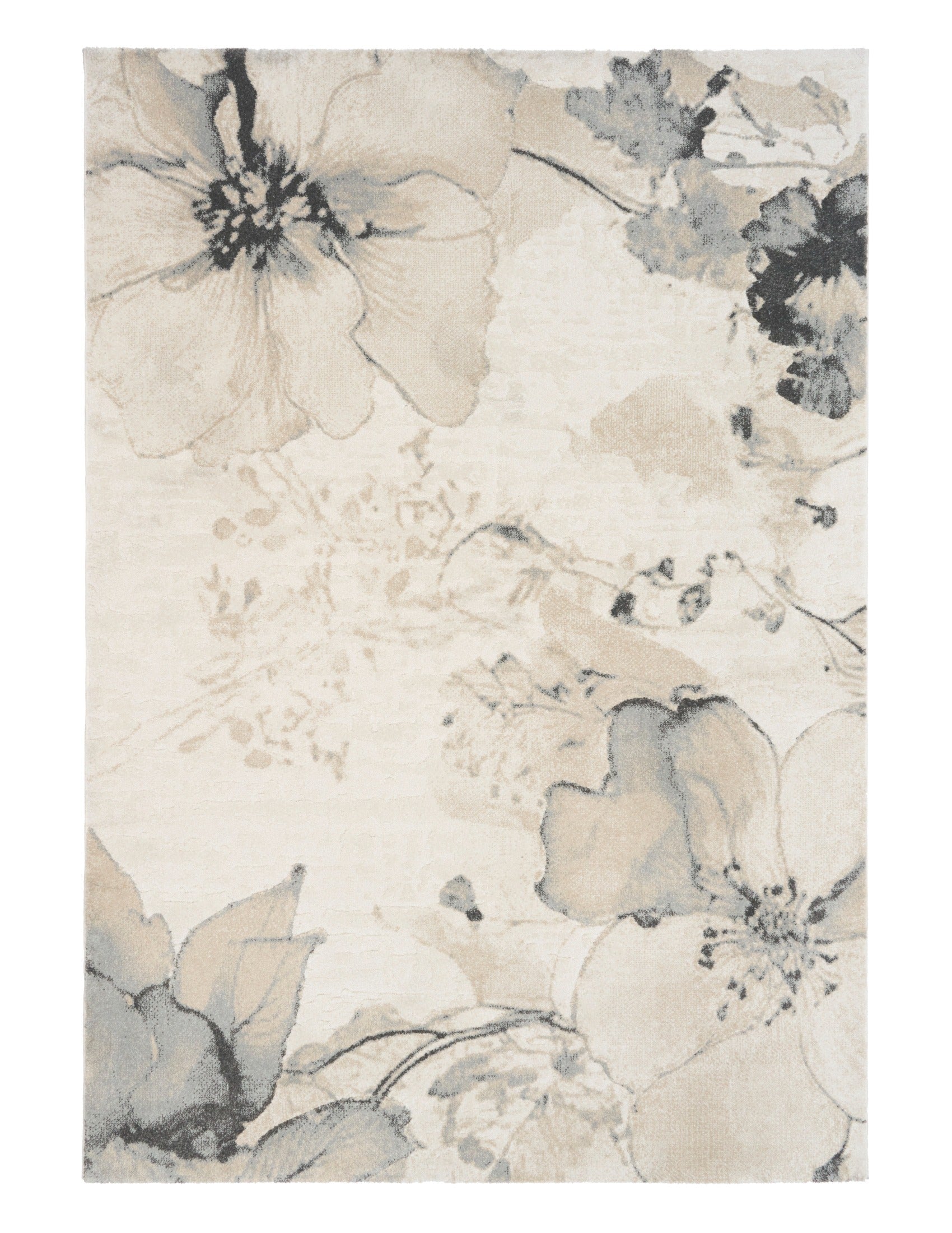 Straight-on view of square beige rug with blue-gray floral and botanical print | Reims  Floral Beige Modern Belgian Recycled Polyester Area Rug Modern Abstract Floor Rug - Rugs Point Australia