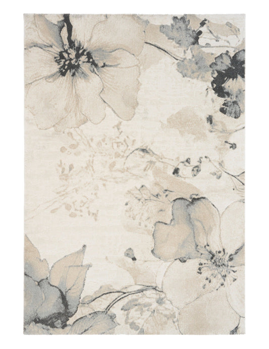 Straight-on view of square beige rug with blue-gray floral and botanical print