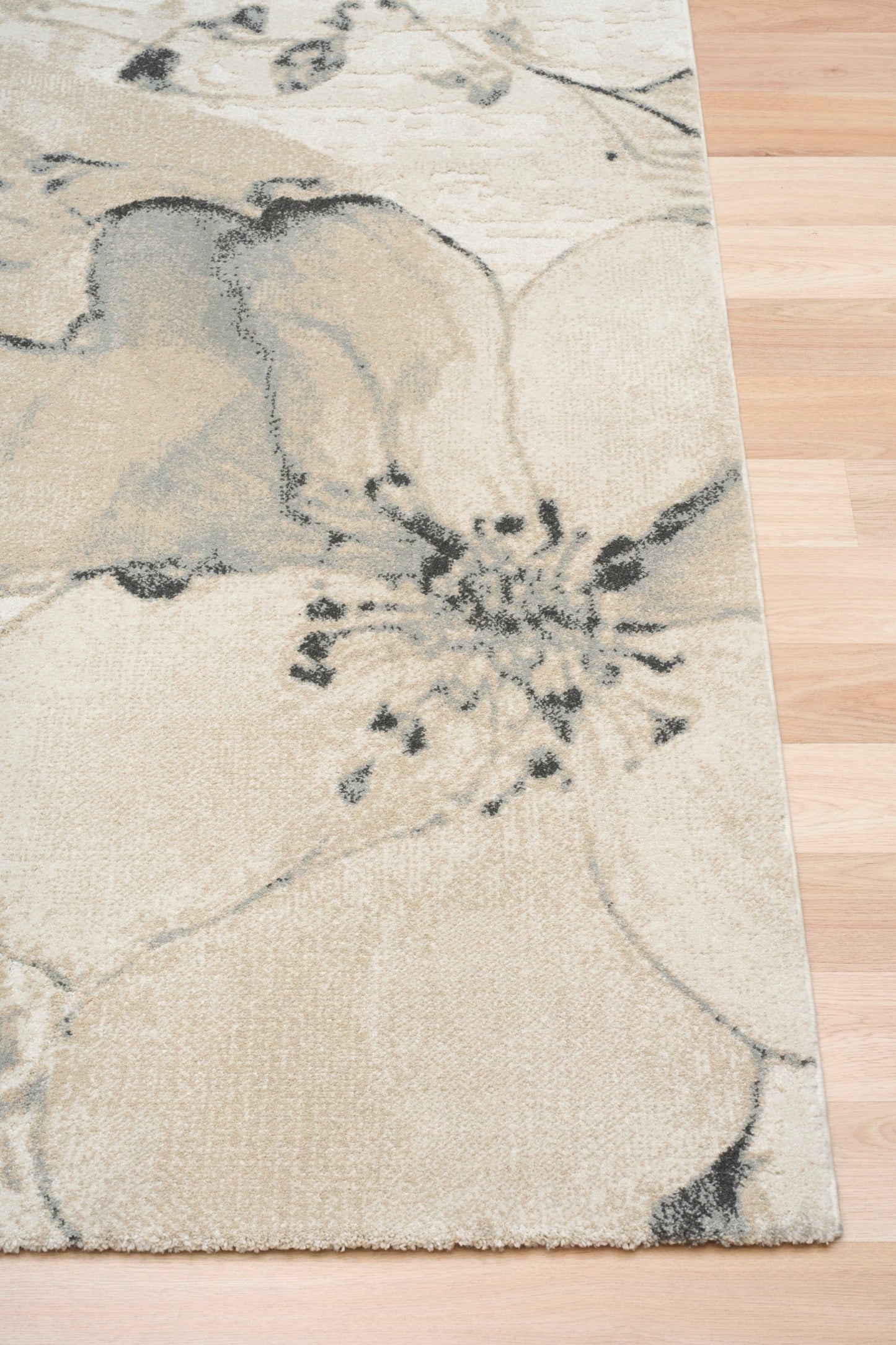 Beige area rug with blue-gray abstract floral pattern | Reims  Floral Beige Modern Belgian Recycled Polyester Area Rug Modern Abstract Floor Rug - Rugs Point Australia
