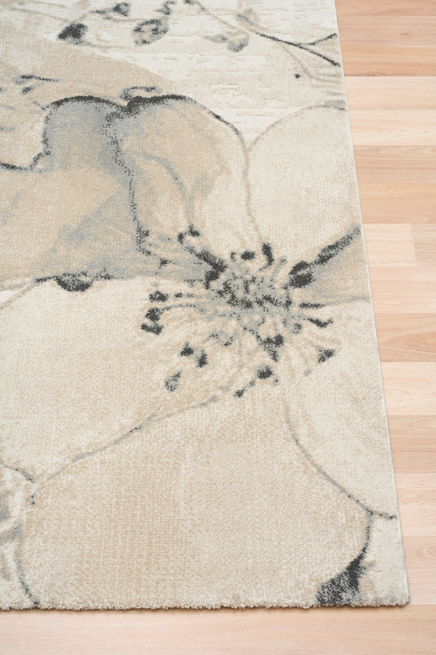 Beige area rug with blue-gray abstract floral pattern | Reims  Floral Beige Modern Belgian Recycled Polyester Area Rug Modern Abstract Floor Rug - Rugs Point Australia