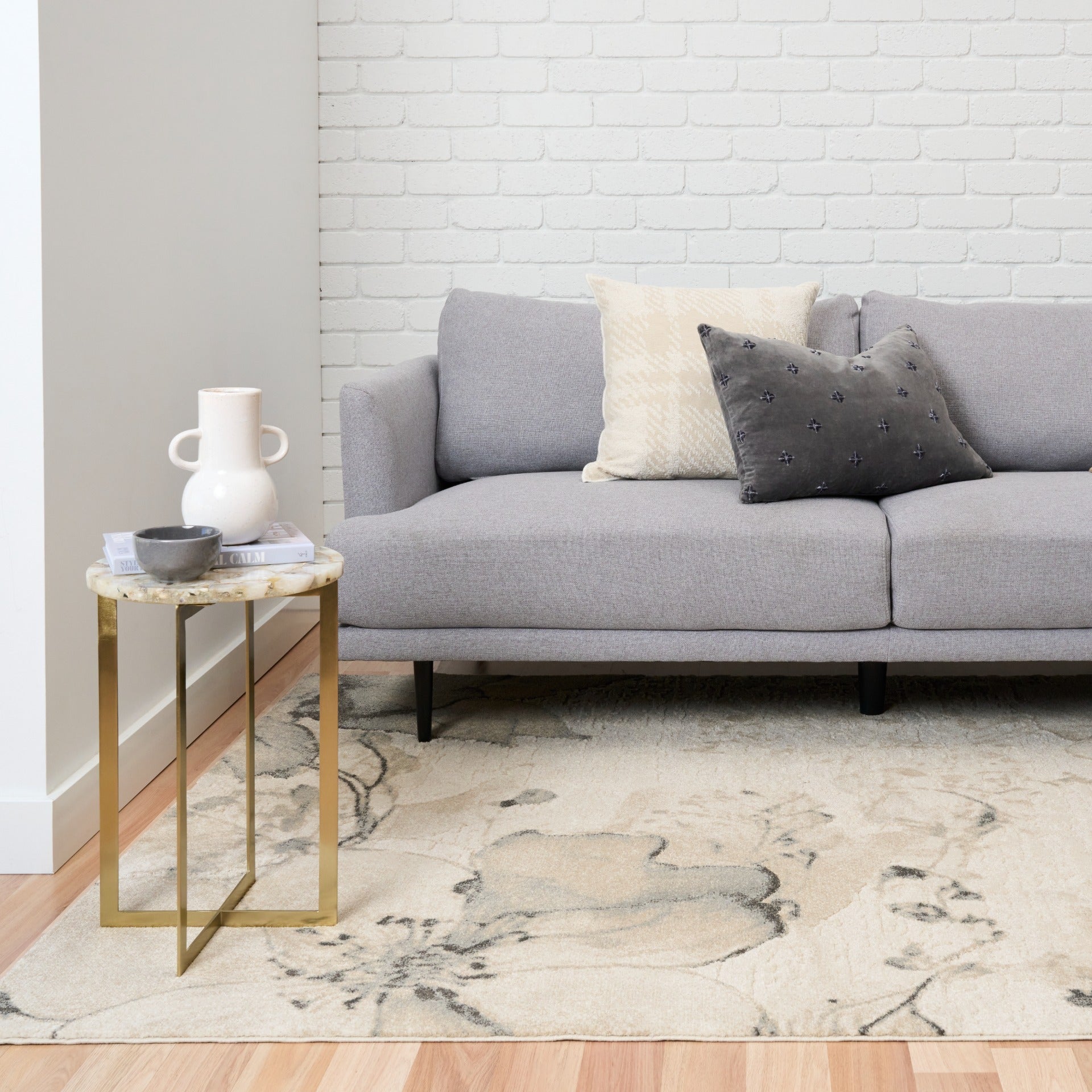 Beige area rug with pale blue-gray floral pattern and soft textured pile | Reims  Floral Beige Modern Belgian Recycled Polyester Area Rug Modern Abstract Floor Rug - Rugs Point Australia