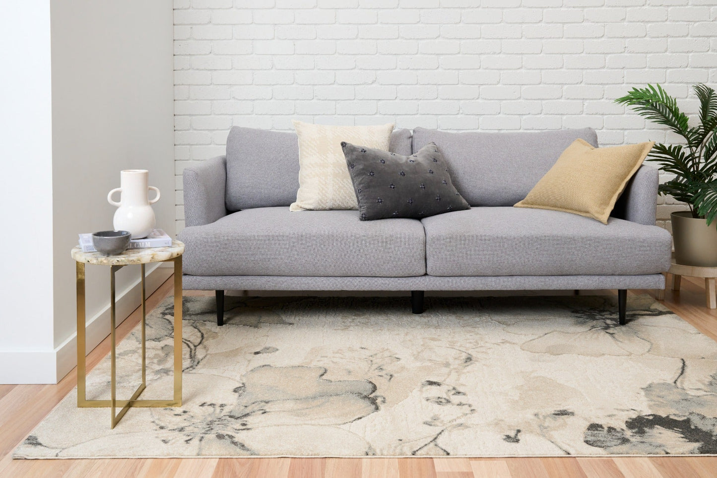Beige area rug with large blue-gray floral design | Reims  Floral Beige Modern Belgian Recycled Polyester Area Rug Modern Abstract Floor Rug - Rugs Point Australia