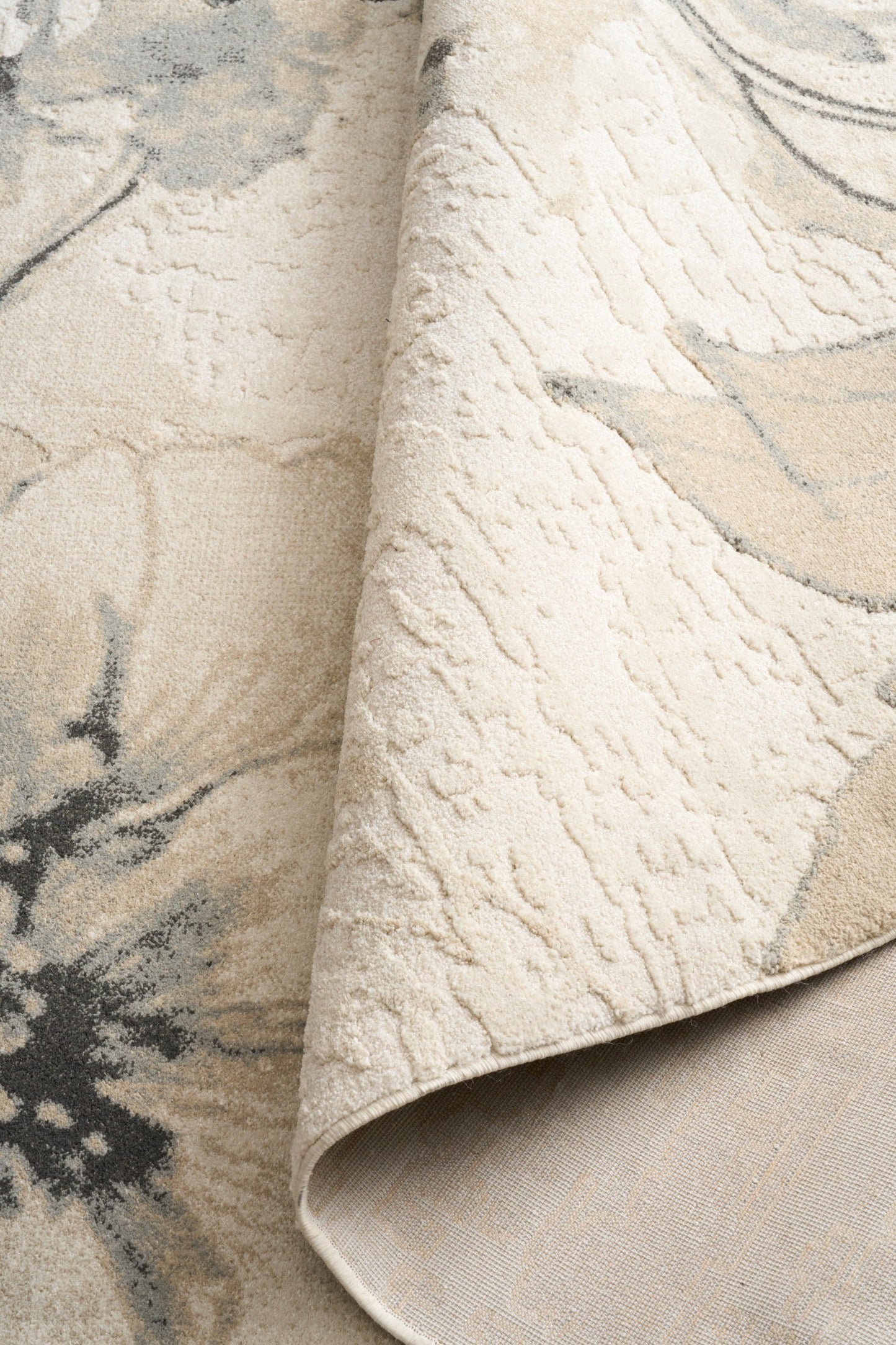 Beige rug corner with blue-gray floral print and woven texture | Reims  Floral Beige Modern Belgian Recycled Polyester Area Rug Modern Abstract Floor Rug - Rugs Point Australia