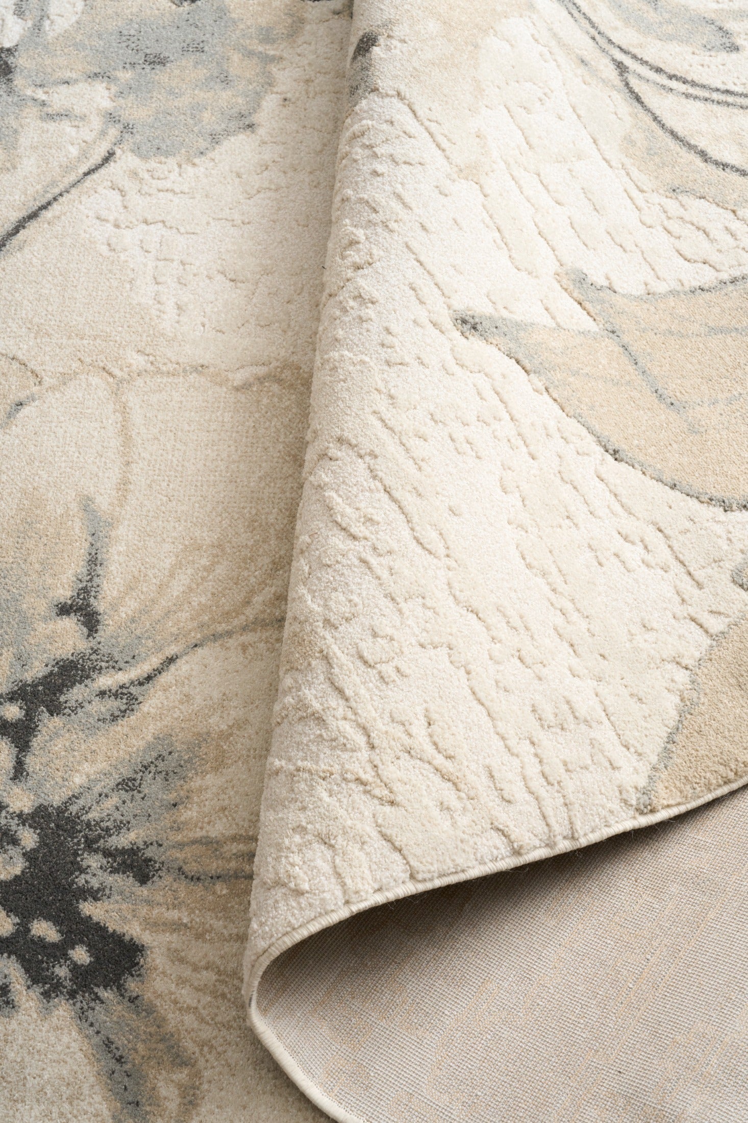 Beige rug corner with blue-gray floral print and woven texture | Reims  Floral Beige Modern Belgian Recycled Polyester Area Rug Modern Abstract Floor Rug - Rugs Point Australia