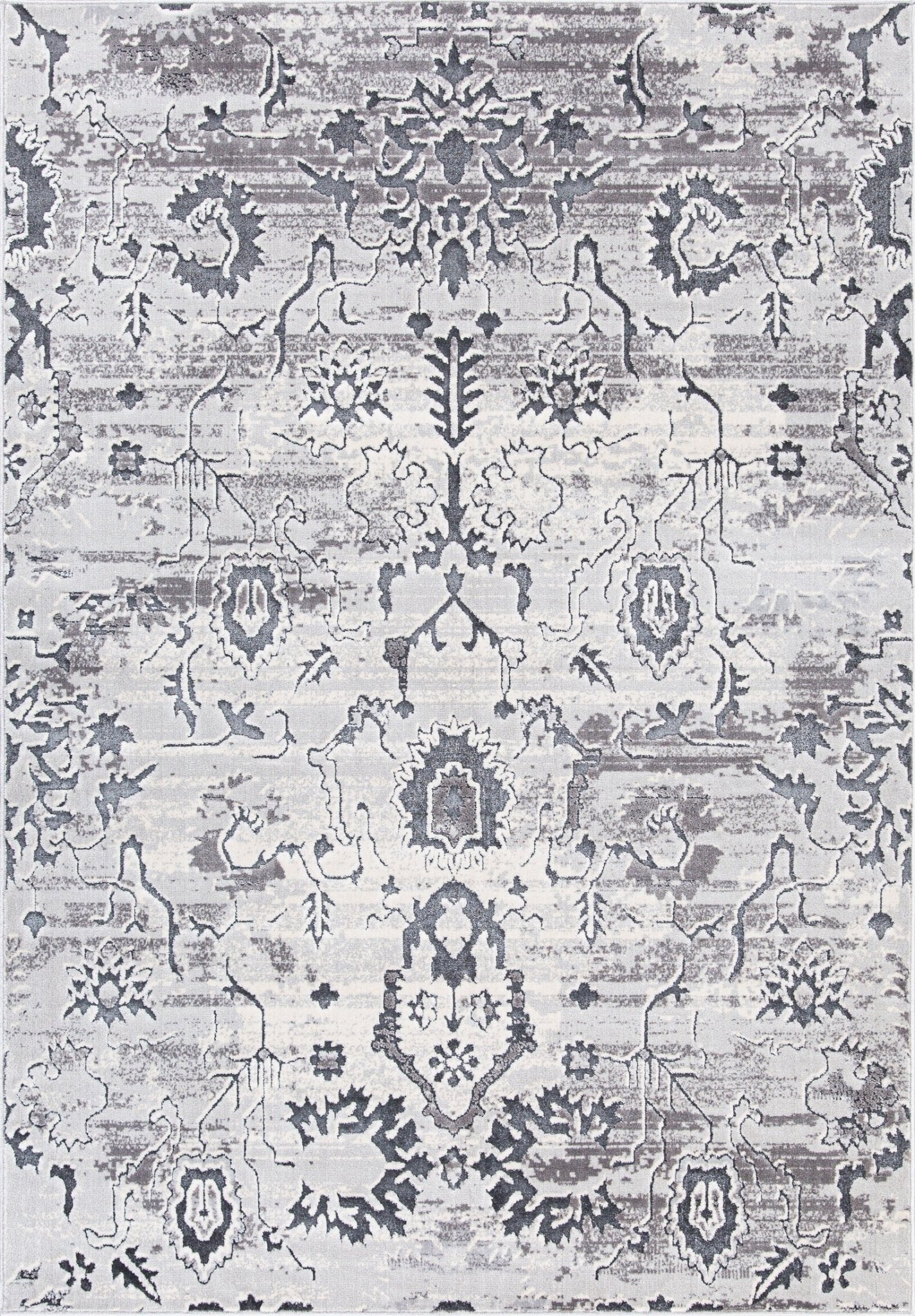 Traditional area rug in light stone gray with dark floral medallion and geometric border motifs | Salona elegent traditional rug 5561 E Stone Vintage Traditional Polypropylene Area Rug - Rugs Point Au