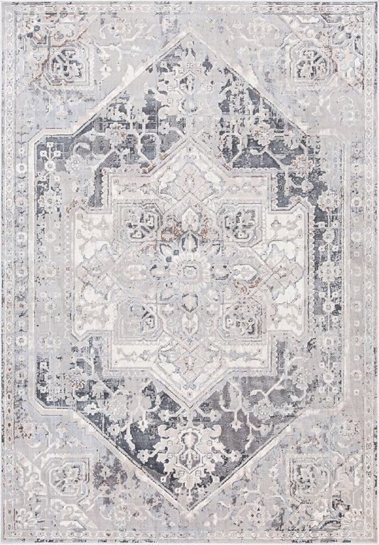 Thick traditional rug in stone gray with ornate medallion and decorative border