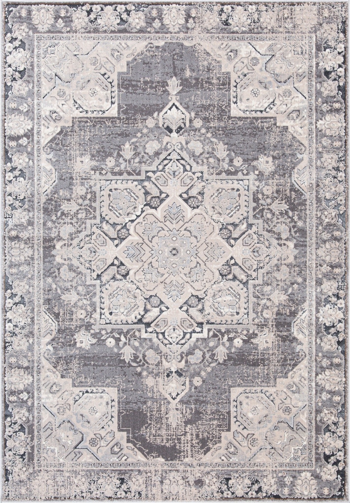 Grey traditional area rug with ornate central medallion, geometric motifs, and patterned border | Salona Traditional rug 2063 L Grey colour Vintage Traditional Polypropylene Area Rug - Rugs Point Aust