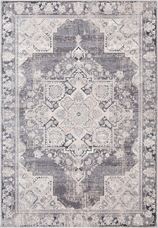 Grey traditional area rug with ornate central medallion, geometric motifs, and patterned border