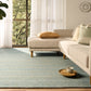 Light blue textured area rug with short pile and flat border, shown on living room floor.
