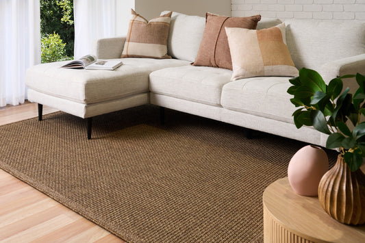 Tan-brown woven area rug with textured surface, rectangular shape, and bound edges