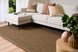 Tan-brown woven area rug with textured surface, rectangular shape, and bound edges