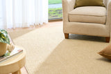 Beige area rug on hardwood floor, textured looped surface