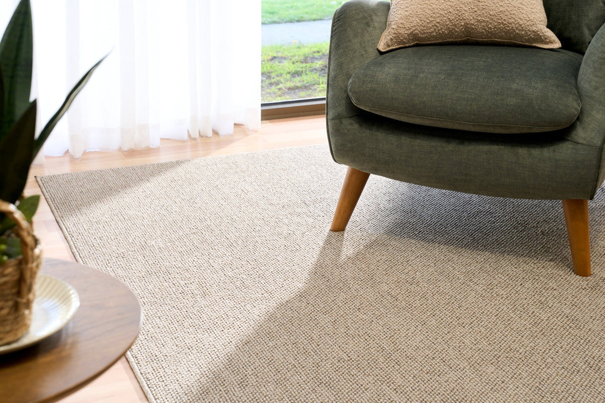 Light brown textured area rug in living room next to upholstered sofa