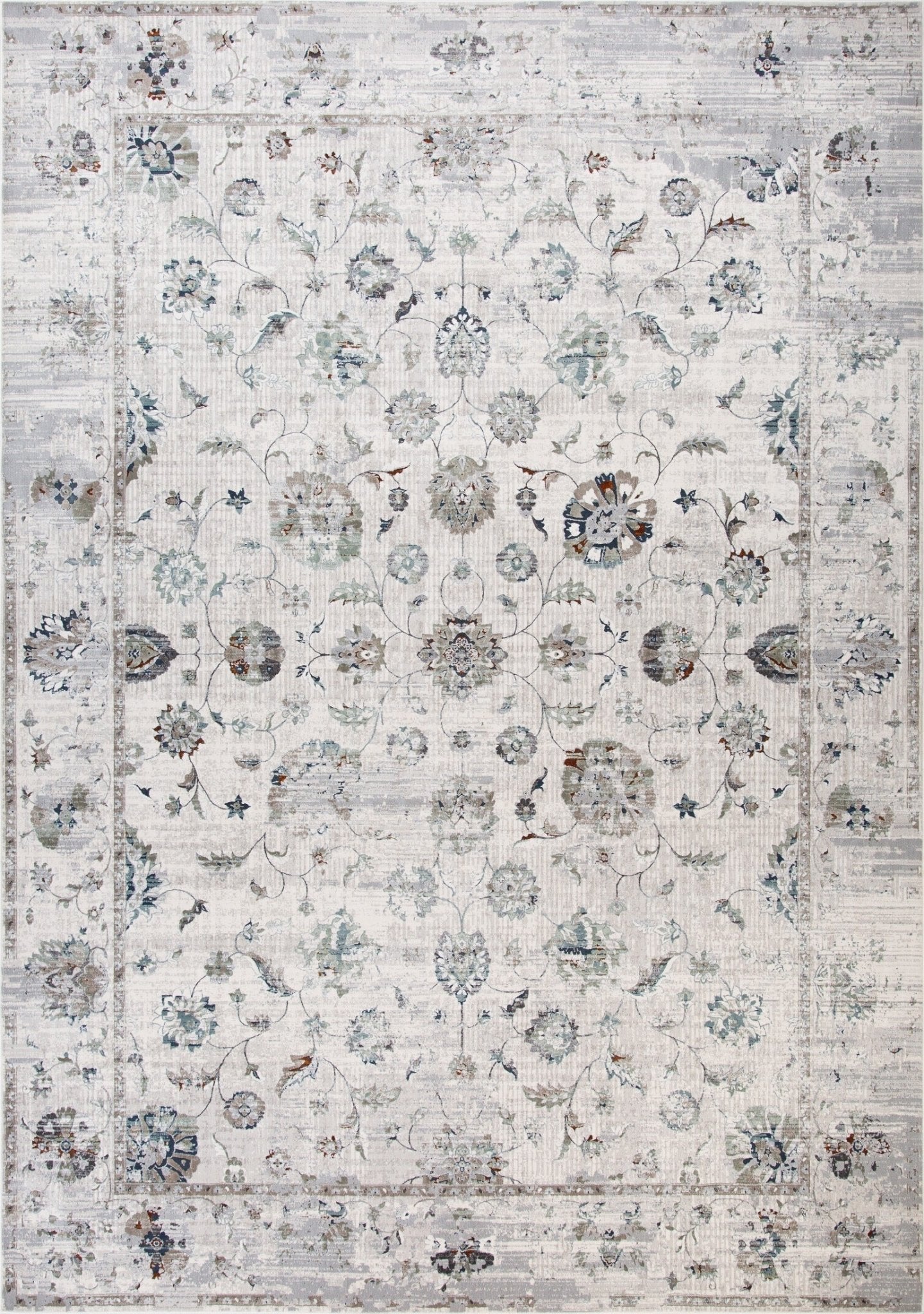 VICTORIA OPAL floral area rug, light gray with blue-gray medallions and border. | Victoria 4152 Opal Vintage Traditional Living Room Rug - Rugs Point Australia