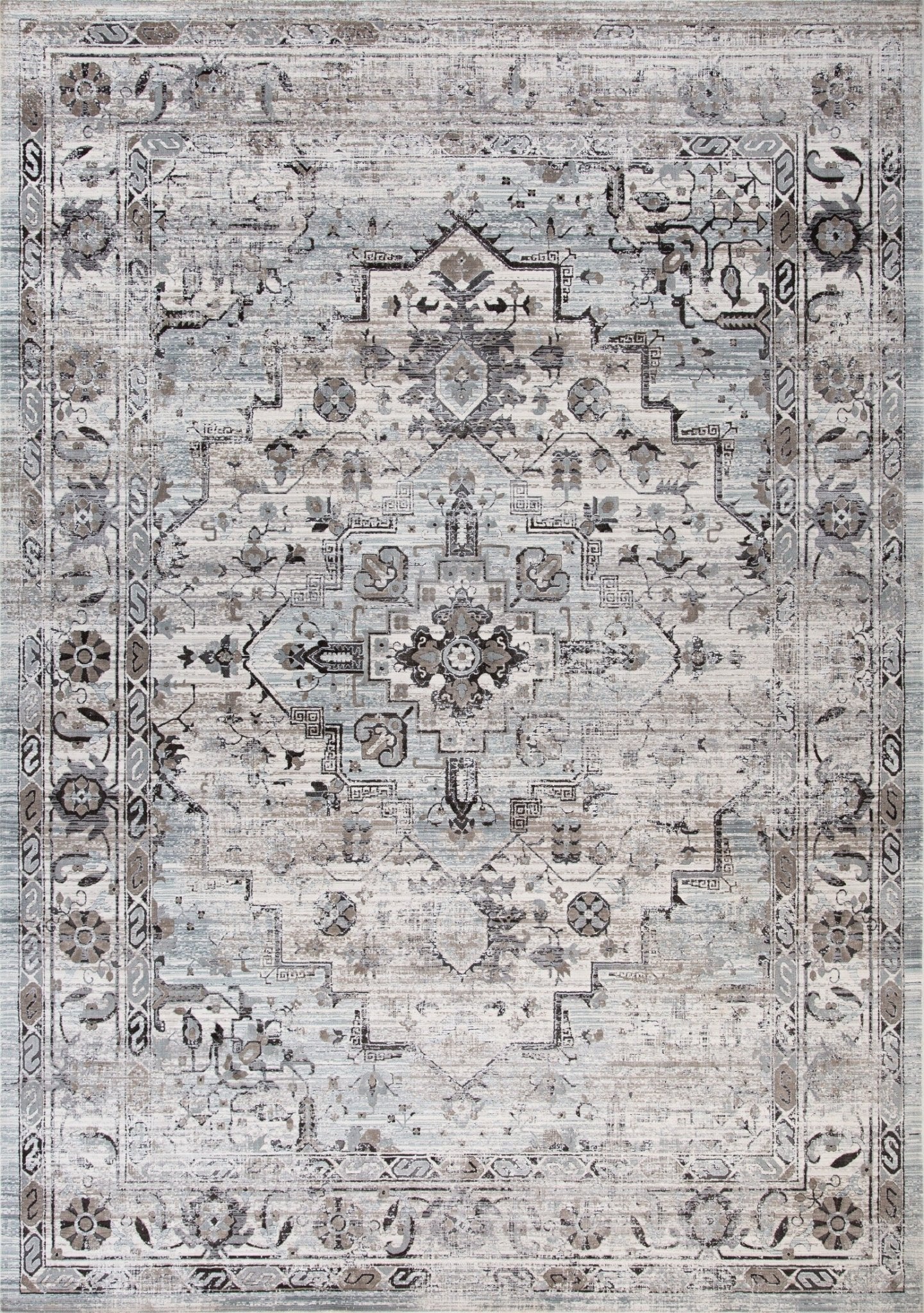 Distressed geometric area rug with light gray base and dark medallion border | Victoria Rug 20 Chapel Vintage Traditional Polypropylene Area Rug - Rugs Point Australia