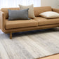 Bone grey striped area rug in living room on light wood flooring