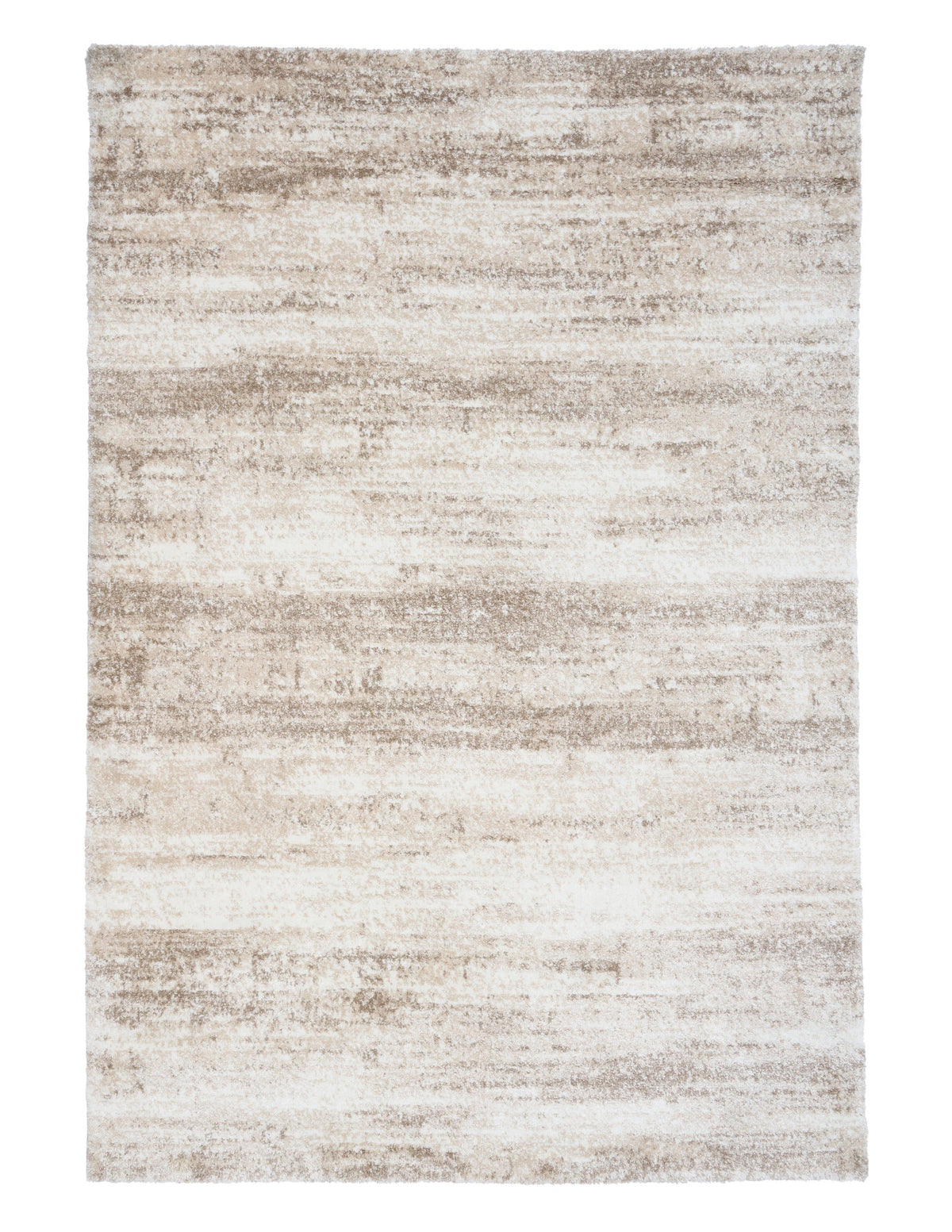 Bone cream area rug with distressed horizontal stripe texture, flat lay