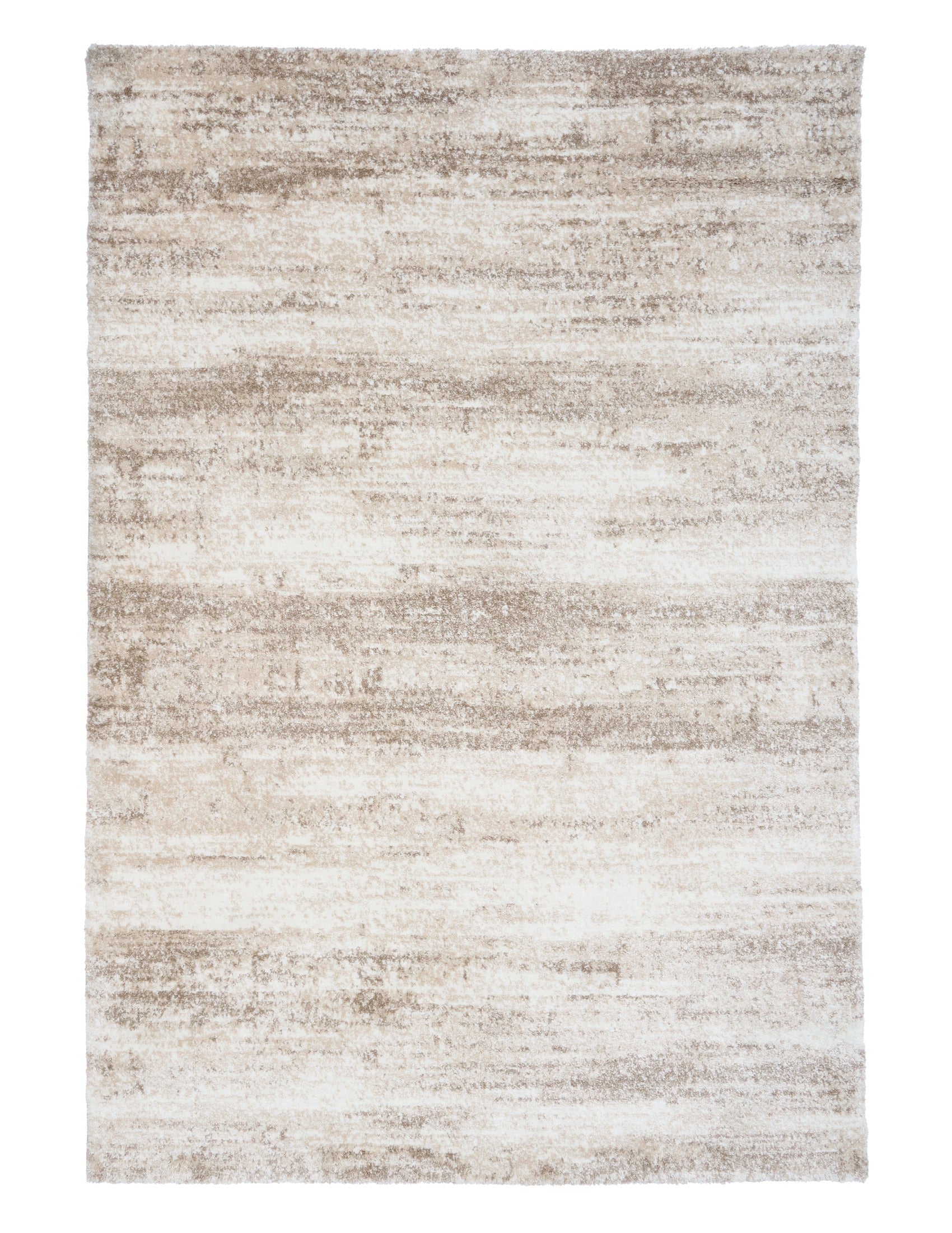 Bone cream area rug with distressed horizontal stripe texture, flat lay