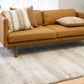 Bone cream area rug with distressed texture pattern under a tan sofa