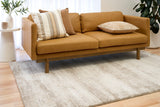 Bone cream area rug with distressed texture pattern under a tan sofa