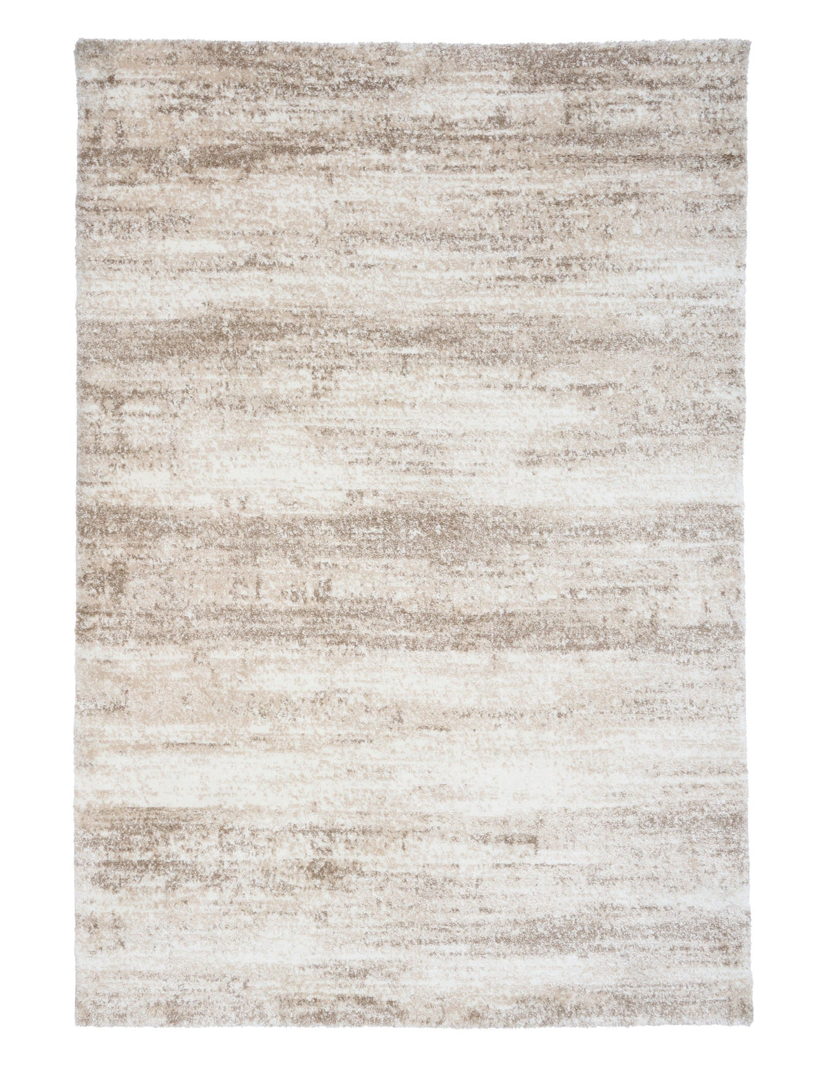 Bone cream area rug with distressed horizontal stripe texture, flat lay