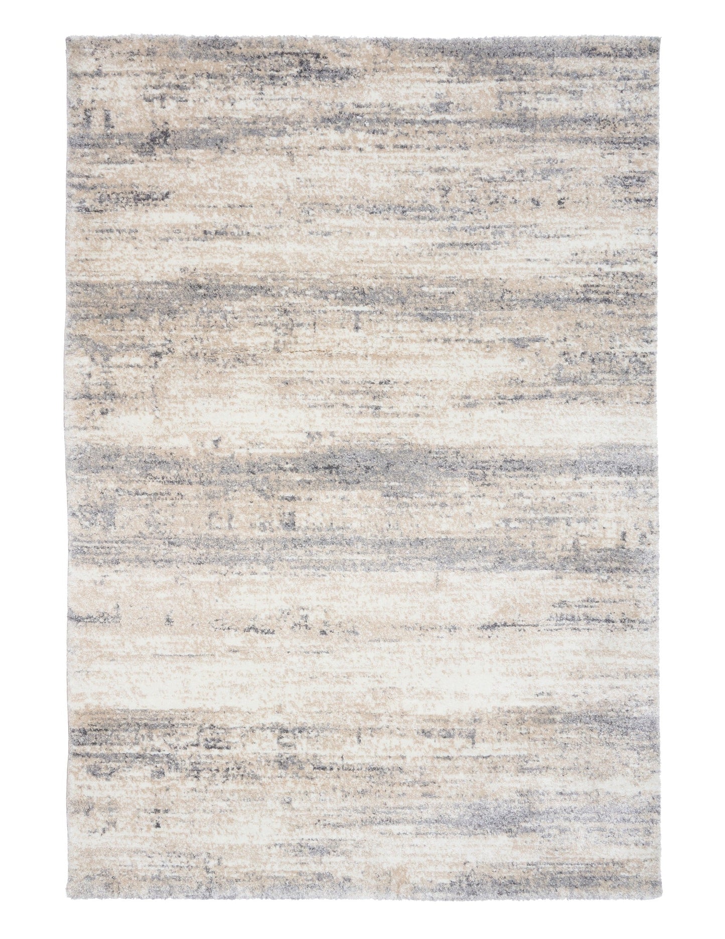 Grey and cream abstract area rug, rectangular with even low-pile surface