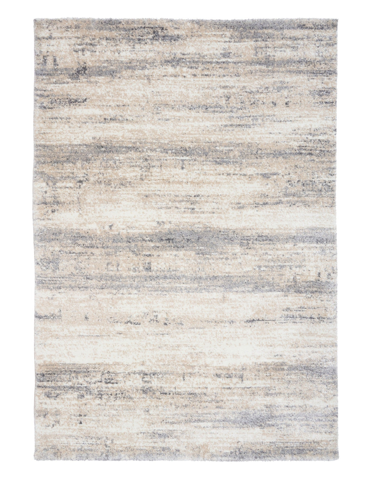 Grey and cream abstract area rug, rectangular with even low-pile surface