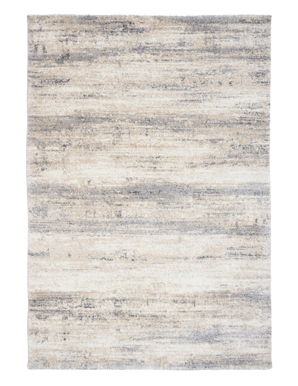 Grey and cream abstract area rug, rectangular with flat low-pile pattern detail