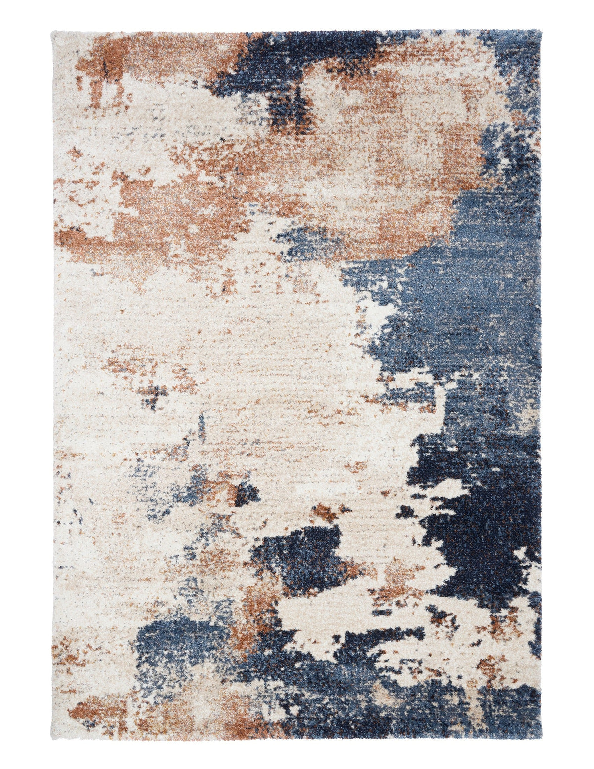 Rectangular abstract rug with cream field and distressed navy blue and rust-toned accents