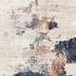 Surface close-up of abstract rug showing cream, blue, and rust mottled texture