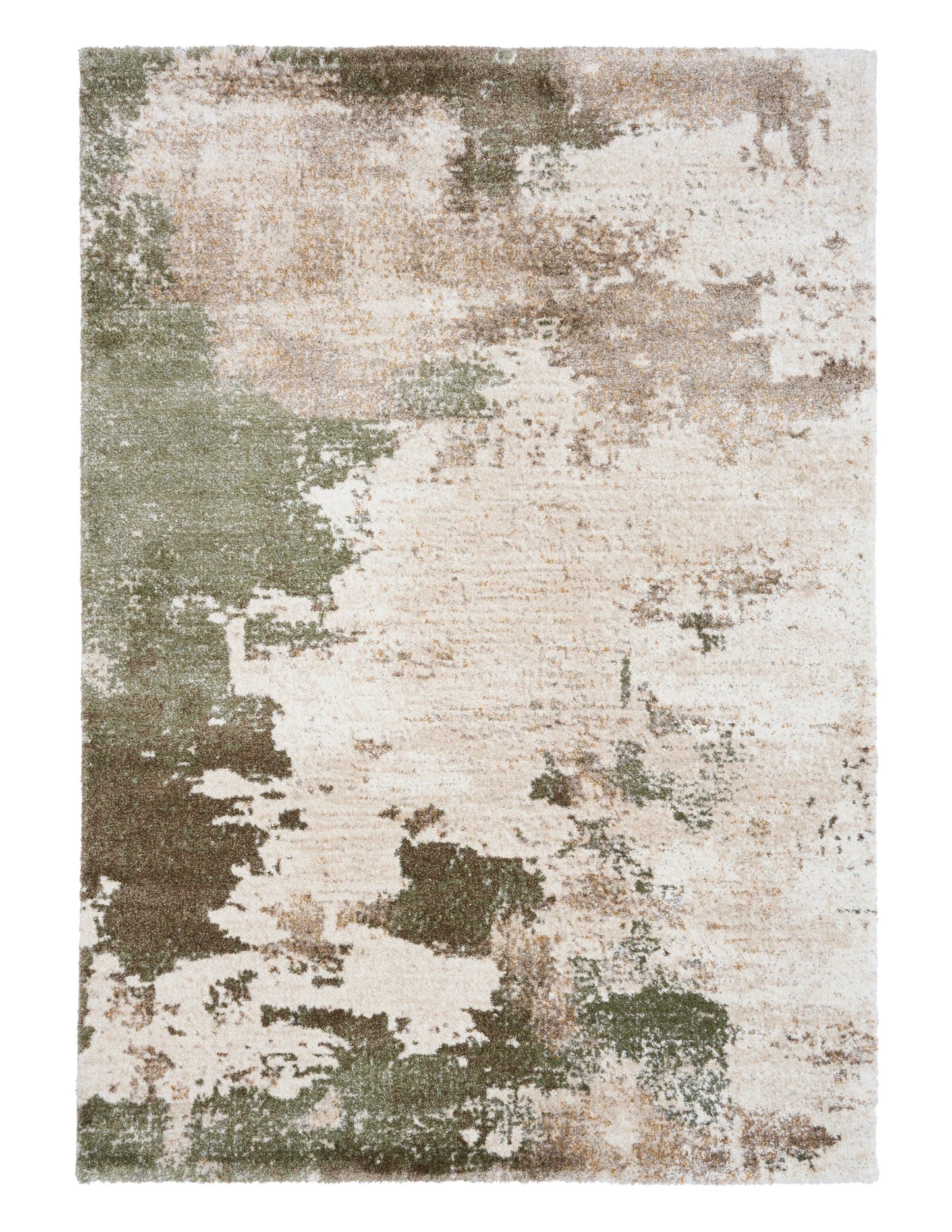 Green and cream abstract distressed area rug with mottled patchwork pattern