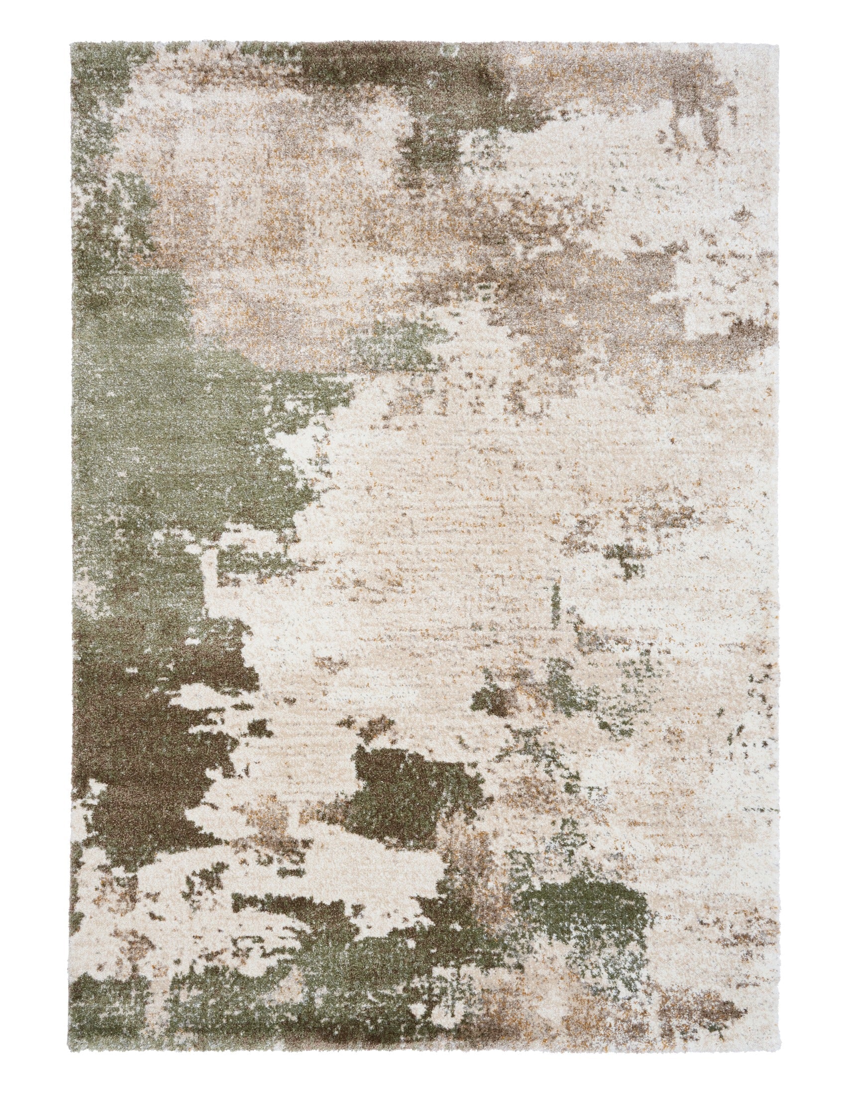 Green and cream abstract distressed area rug with mottled patchwork pattern