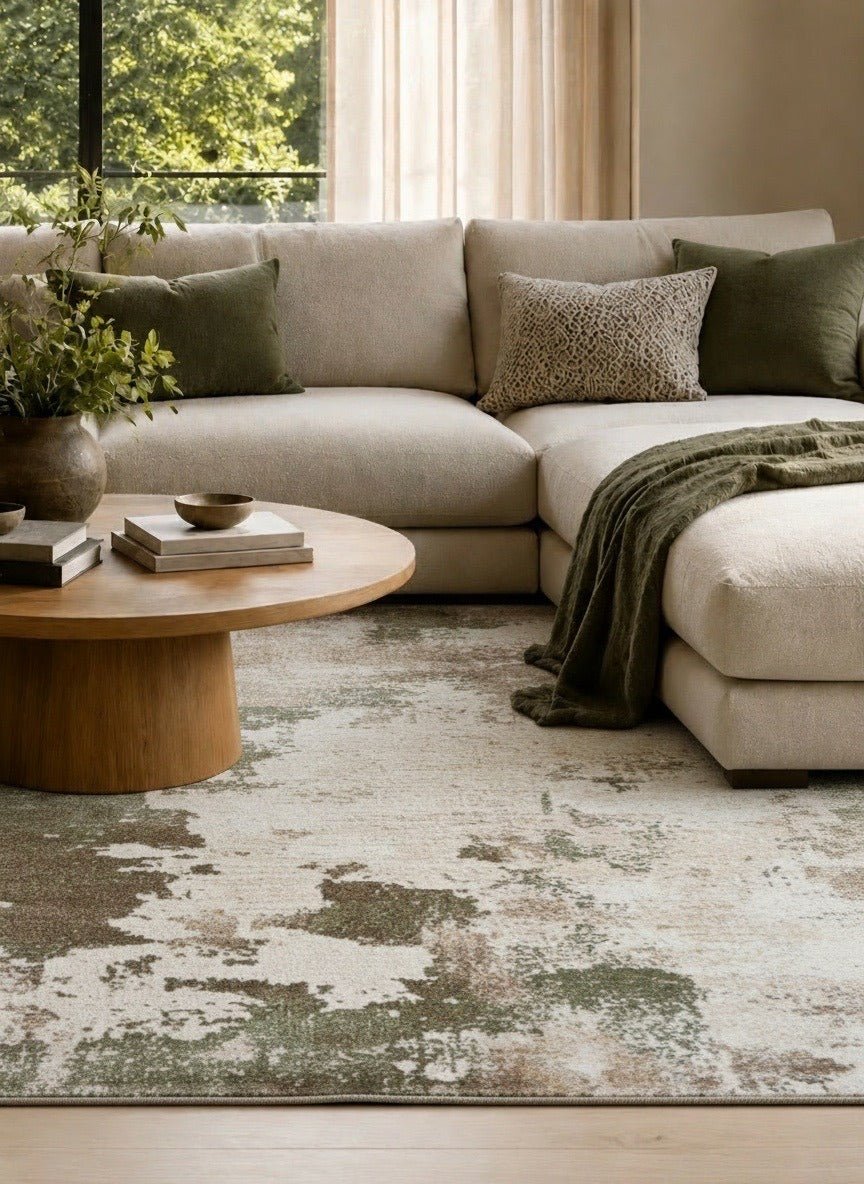 Green and cream abstract area rug on hardwood floor, wide coverage view